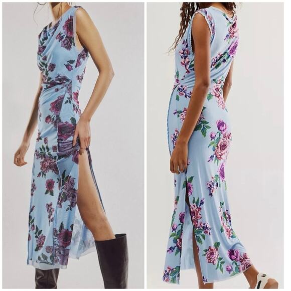 FREE PEOPLE Floral Rose Print Mesh Carmel Side Slit Bodycon Midi Dress L - Picture 1 of 11